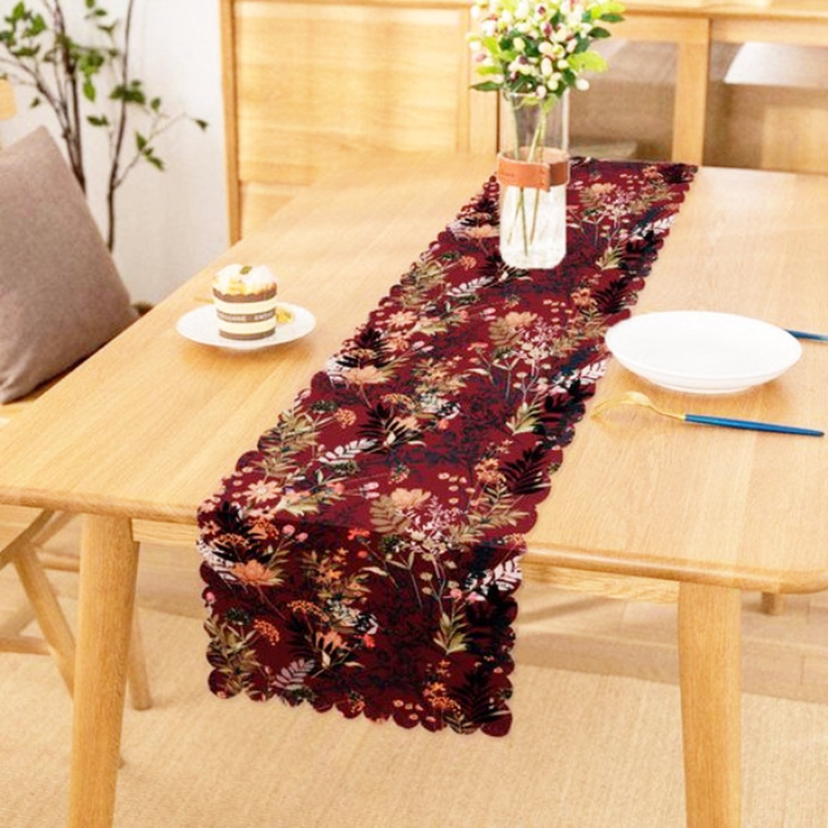 Bedrukt velvet textiel Tafelloper Flora - Runner 45x220 - Bloemen - Tafelkleed - Tafellaken