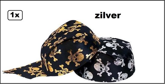 Piraten cap bandana doodskop zilver - doorsnee 19cm - Volwassenen Pirate piraat carnaval thema feest fun optocht