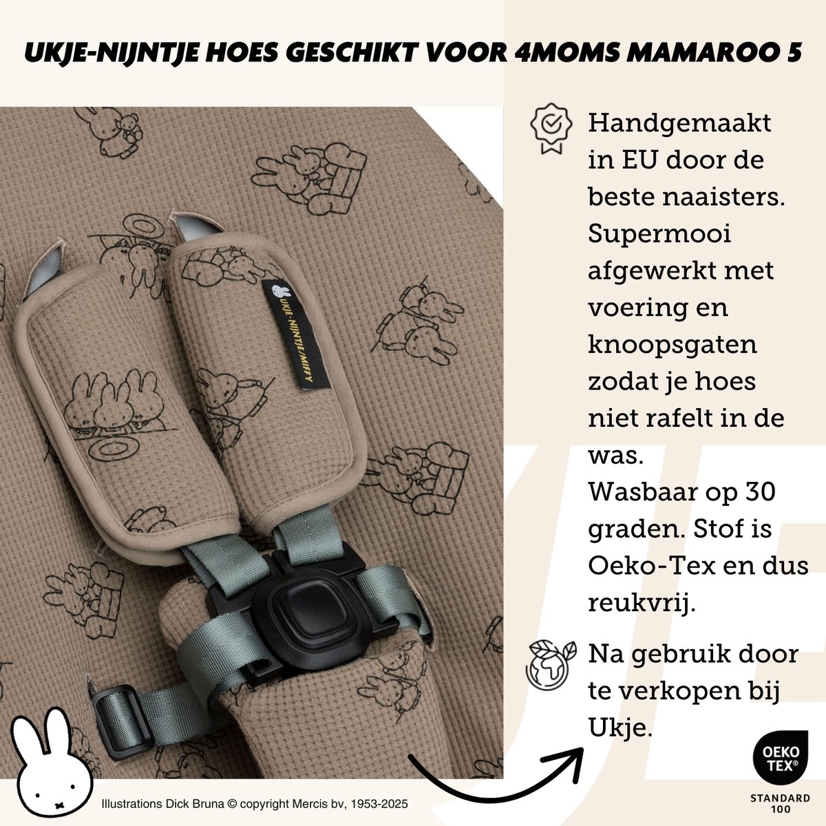 Ukje-Nijntje Wipstoelhoes geschikt voor 4Moms Mamaroo 5 Rockaroo Wipstoel - Hoes met Waterdichte Voering ter Bescherming van je Stoel - Perfecte Pasvorm - Met Gordelbeschermers - Makkelijk Wasbaar - Zacht Katoen - Taupe Nijntje – foto 3