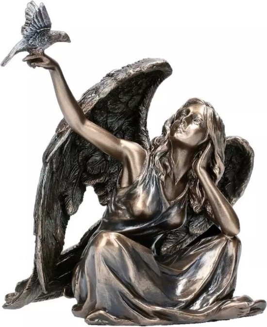 Statue/figure Veronese Design - Engel assis avec une Duif sur sa main droite - (hxlxp) environ 15 cm x 14 cm x 9,5 cm