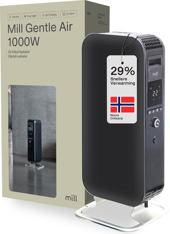Mill AB-H1000DN BLACK - design olieradiator - 1000 Watt - droogt de lucht niet uit - stil - zwart- 5 jaar garantie