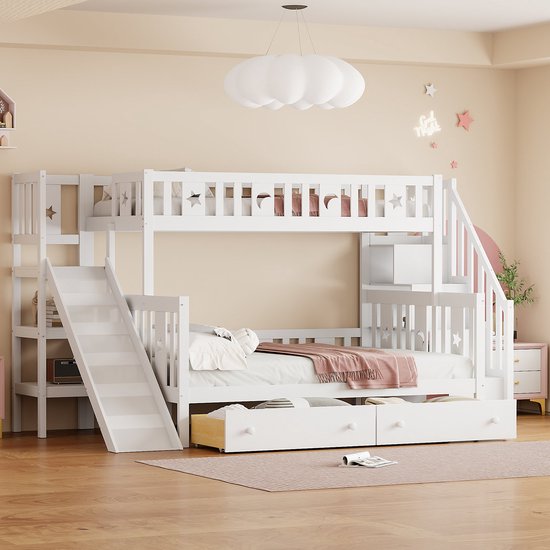 Kinderbed 90 x 200/140 x 200 cm, massief houten stapelbed met veiligheidstrap, twee grote laden en lattenbodem, naturel