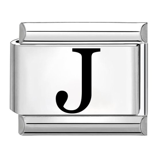 Zilverkleurige Italiaanse bedel met zwarte letter 'J'.