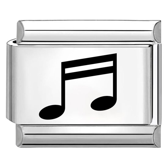 Een zilverkleurige Italiaanse bedel met een zwarte lasergesneden muzieknoot.