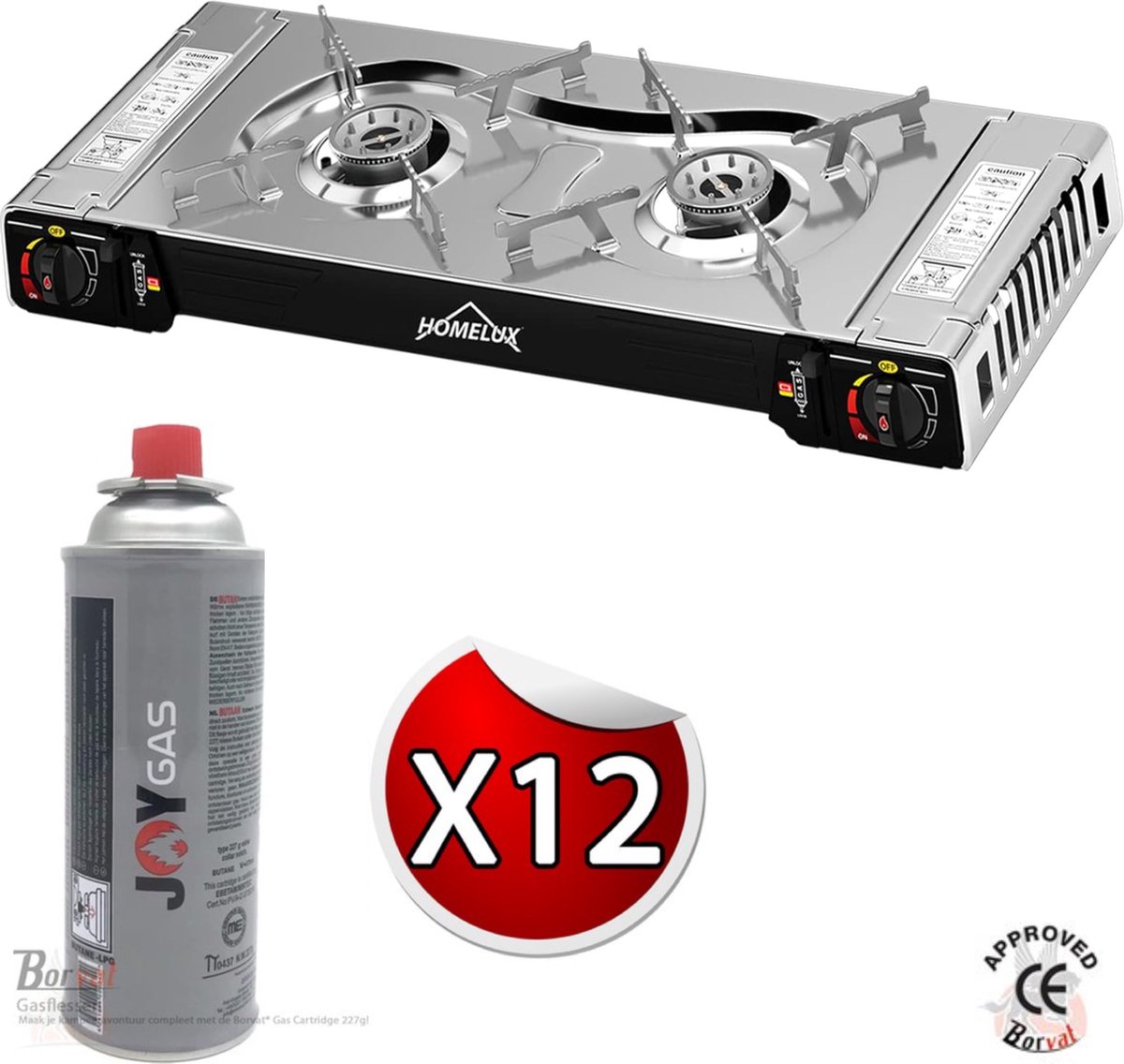Borvat® | Homelux | Camping Kookstel - Kooktoestel - Kampeer kookstel - Gasstel - Gaspit - Kookplaat - Elektronische ontsteking - 2 Pits - 12 Gasflessen