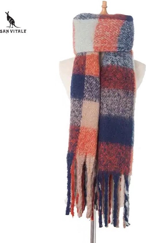 San Vitale® - 1.3 Luxe Winter Sjaal - Sjaal dames - Wol Mix - Omslagdoek - Geblokt - Multicolor Blauw/Rood