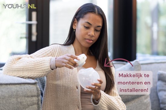 Vrouw monteert een borstkolf. Tekst: Makkelijk te monteren en installeren!