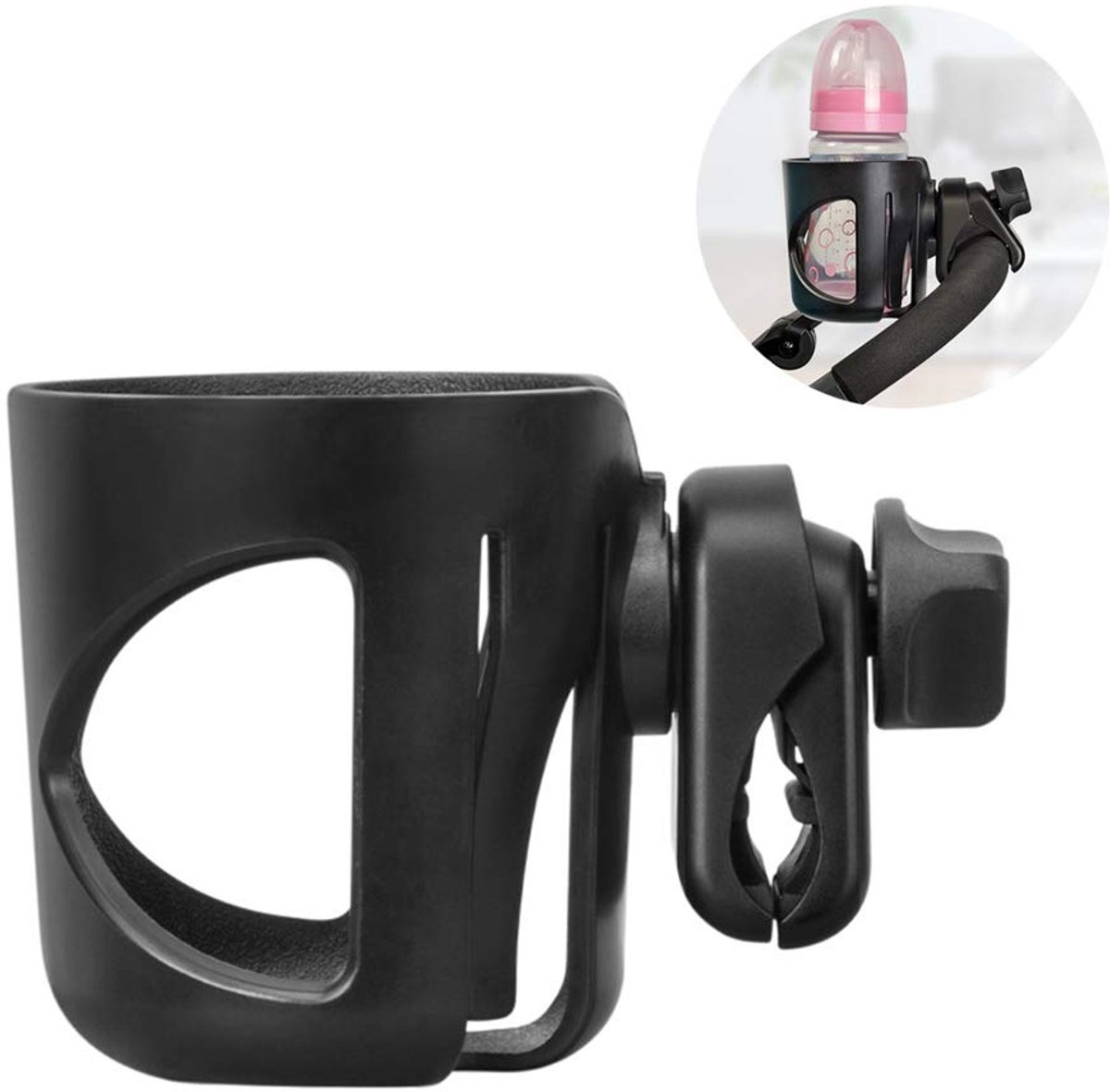 1 stuk - Bekerhouder voor kinderwagen - 360 graden draaibare flessenhouder - Drankorganizer voor kinderwagens - Zwart