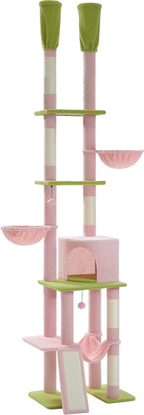 Kattenu DoubleTower - Hoge Krabpaal Plafond - Roze Krabpaal voor katten - Kattenklimmuur - Kattenboom Plafond