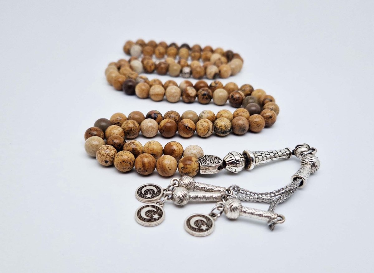 Handgemaakte tesbih "Tasbih" natuursteen "Picture Jasper" - Aantal kralen 99 - Diameter kralen 8MM - met metaal tassel "Vlag van Turkije" - Een mooi cadeau-idee