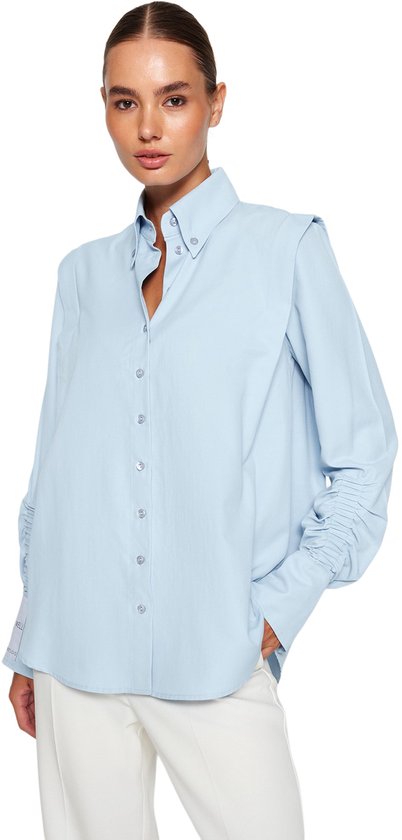 Chemise en popeline tissée bleu clair à volants et froufrous Trendyol X Sagaza Studio Tpraw22Go1191