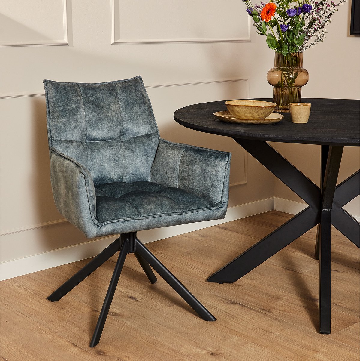 Meubels4nu - Set Eetkamerstoelen Dani - 2 stuks - Velvet Blue - Memory seat - 180 graden draaibaar - Set van 2 - Eetstoel - Snelle levering