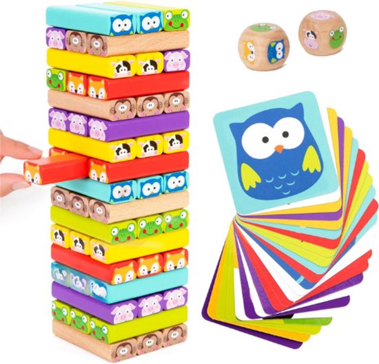 Houten Vallende Toren 4-in-1 - Dieren & Kleuren - Educatief Gezelschapsspel Voor Kinderen 3-9 Jaar - Leerzaam Houtenspeelgoed