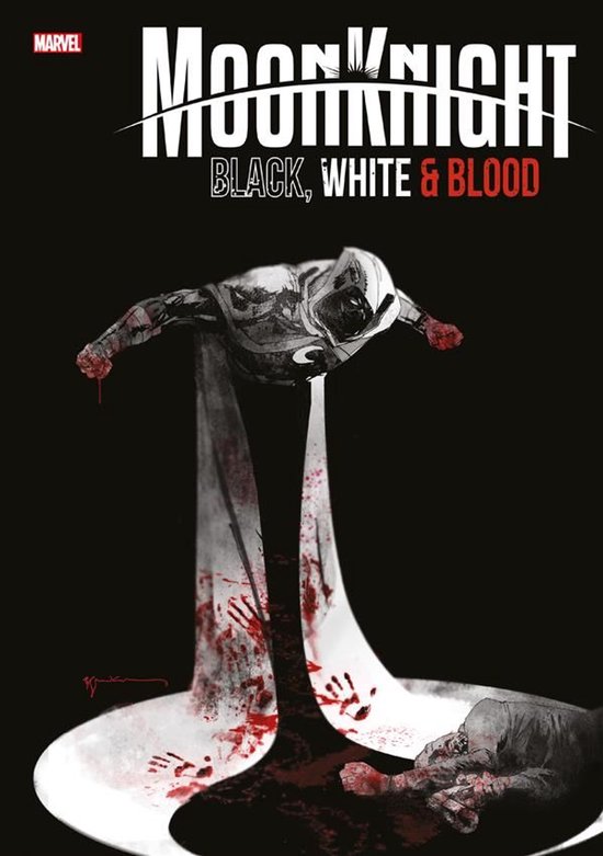 Marvel's Moon Knight in zwart-wit, vliegend boven bloedige handafdrukken, met de tekst "Moon Knight: Black, White & Blood".
