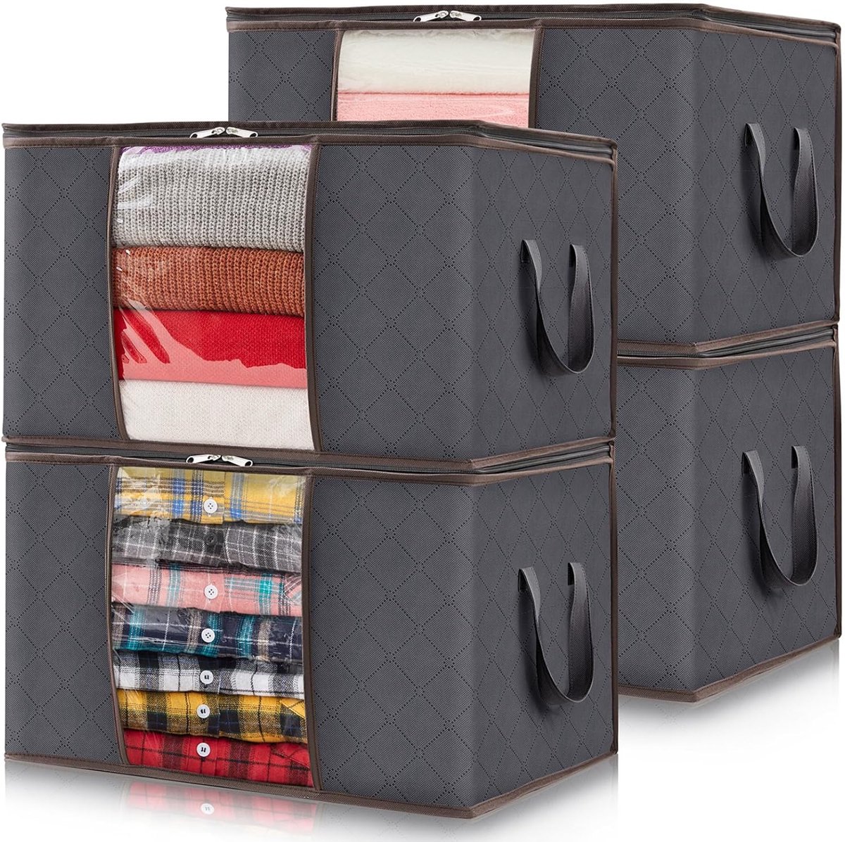 Famanu - 4-pack Opbergtas voor Kleding, Dekens, Dekbedden, Opvouwbare Kledingopslag met Versterkt Handvat, Stevige Ritssluiting, Kijkvenster, 60L, Grijs