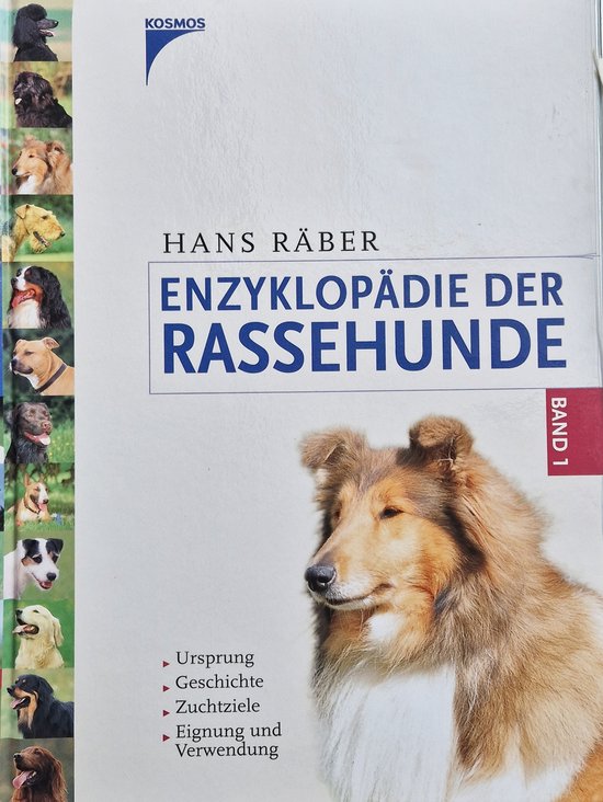 Enzyklopädie der Rassehunde, Band 1. Een collierhond kijkt naar rechts. Afbeeldingen van hondenrassen op de linkerpagina.