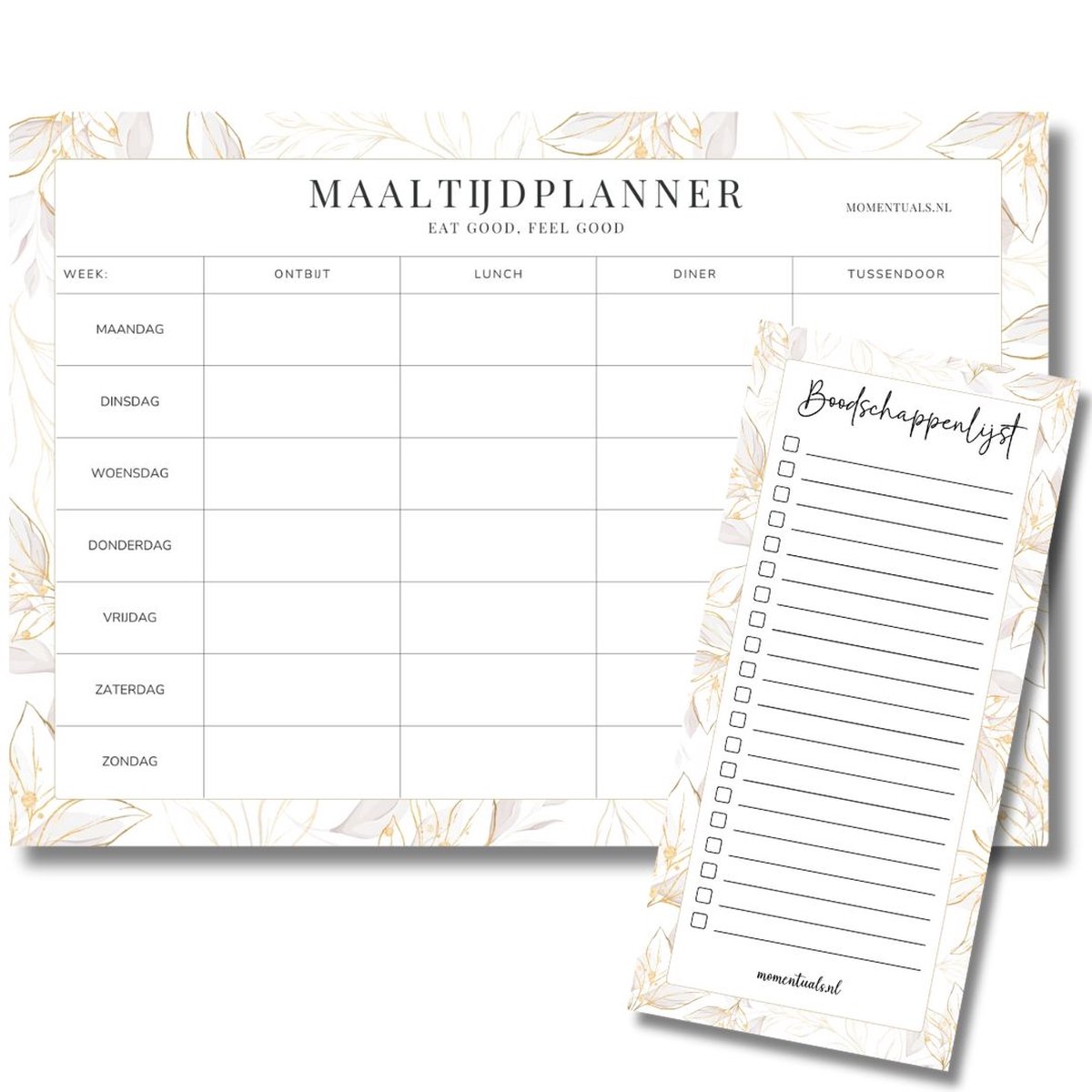 Luxe Maaltijdplanner A4 + Boodschappenlijstje Bundel - 50 vellen - Afscheurbaar - Weekmenu - Meal Planner - Wit & Goud Set