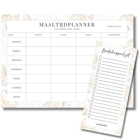 Momentuals - Maaltijdplanner - Boodschappenlijst - Menuplanner - Boodschappenlijstje - Weekmenu - Voedingsplanner - Meal Planner - Eetplanner - Ongedateerd en Afscheurbaar - Lijmbinding - Gold Flower Collectie
