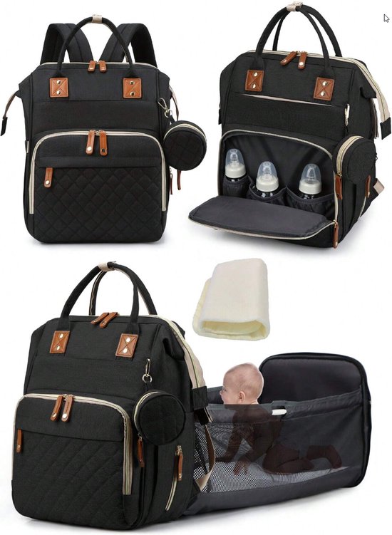 S&E Baby Diaper Bag Backpack met Verschoonstation - Multifunctioneel Waterdicht Rugzak met Grote Capaciteit - Zwart