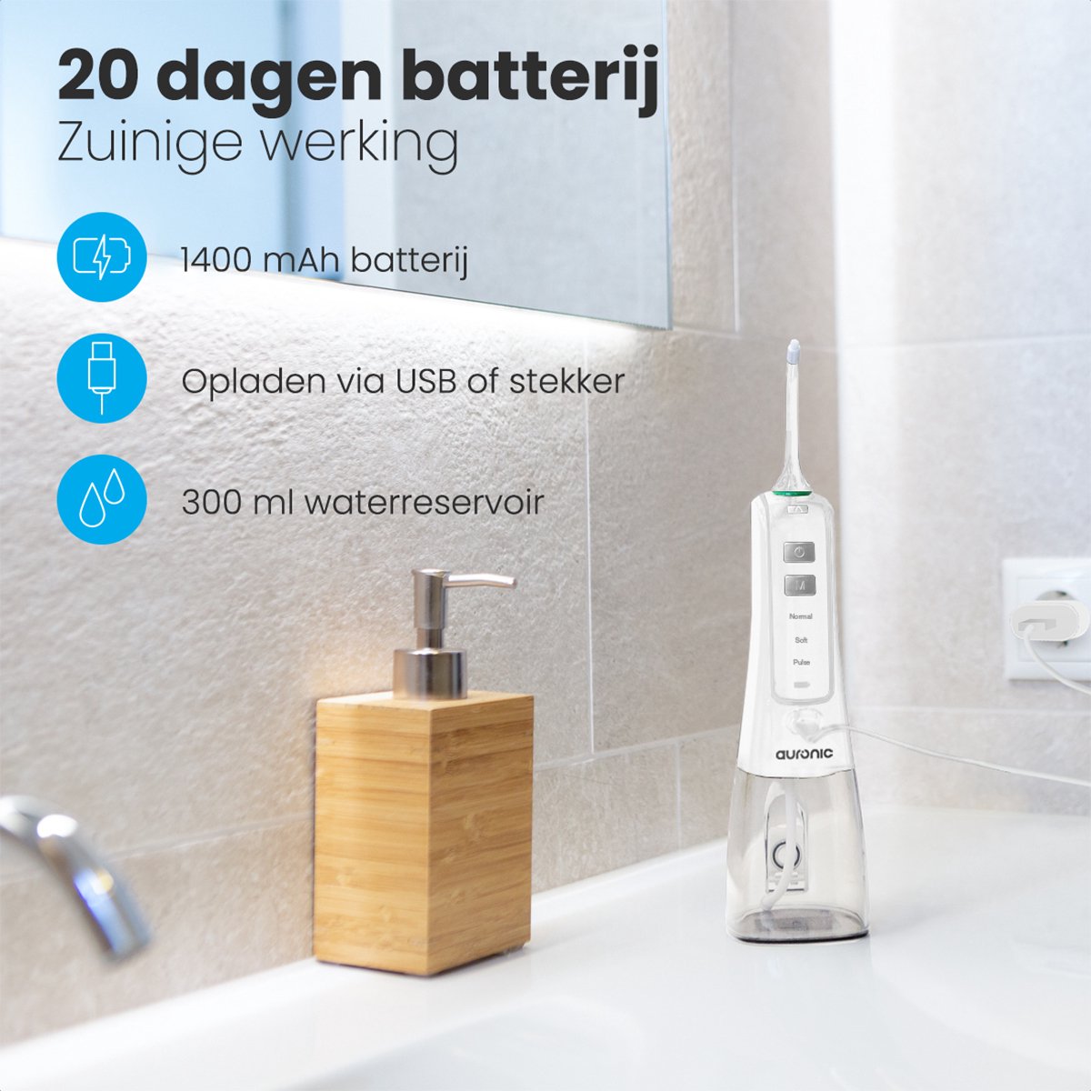 Auronic Waterflosser - Monddouche Elektrisch - 3 Standen - Draadloos en Oplaadbaar - 300 ml - 4 Opzetstukjes - Wit thumbnail 3