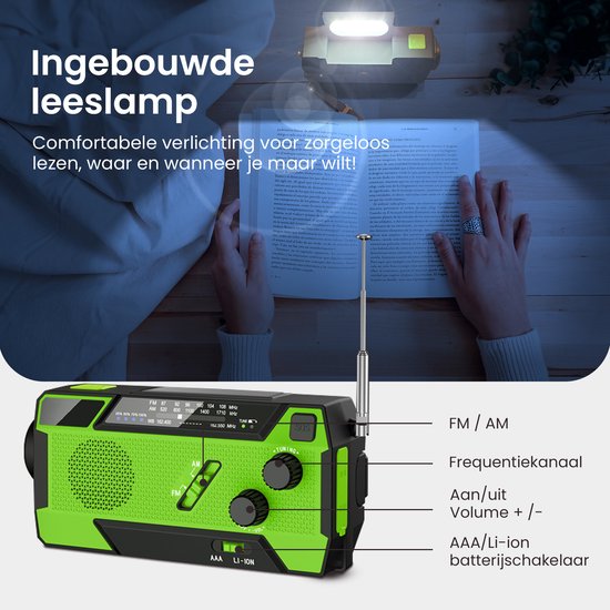 NaturaNex Noodradio Solar Opwindbaar Radio - Powerbank 4000mAh Zonneenergie - Ingebouwde Kabels - Dynamo / Zonnepaneel - Noodpakket - Zaklamp Opwindbaar - Survival Kit - FM - AM