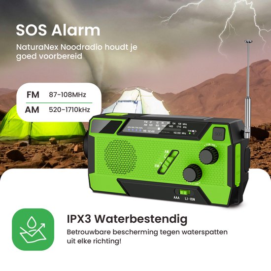 NaturaNex Noodradio Solar Opwindbaar Radio - Powerbank 4000mAh Zonneenergie - Ingebouwde Kabels - Dynamo / Zonnepaneel - Noodpakket - Zaklamp Opwindbaar - Survival Kit - FM - AM