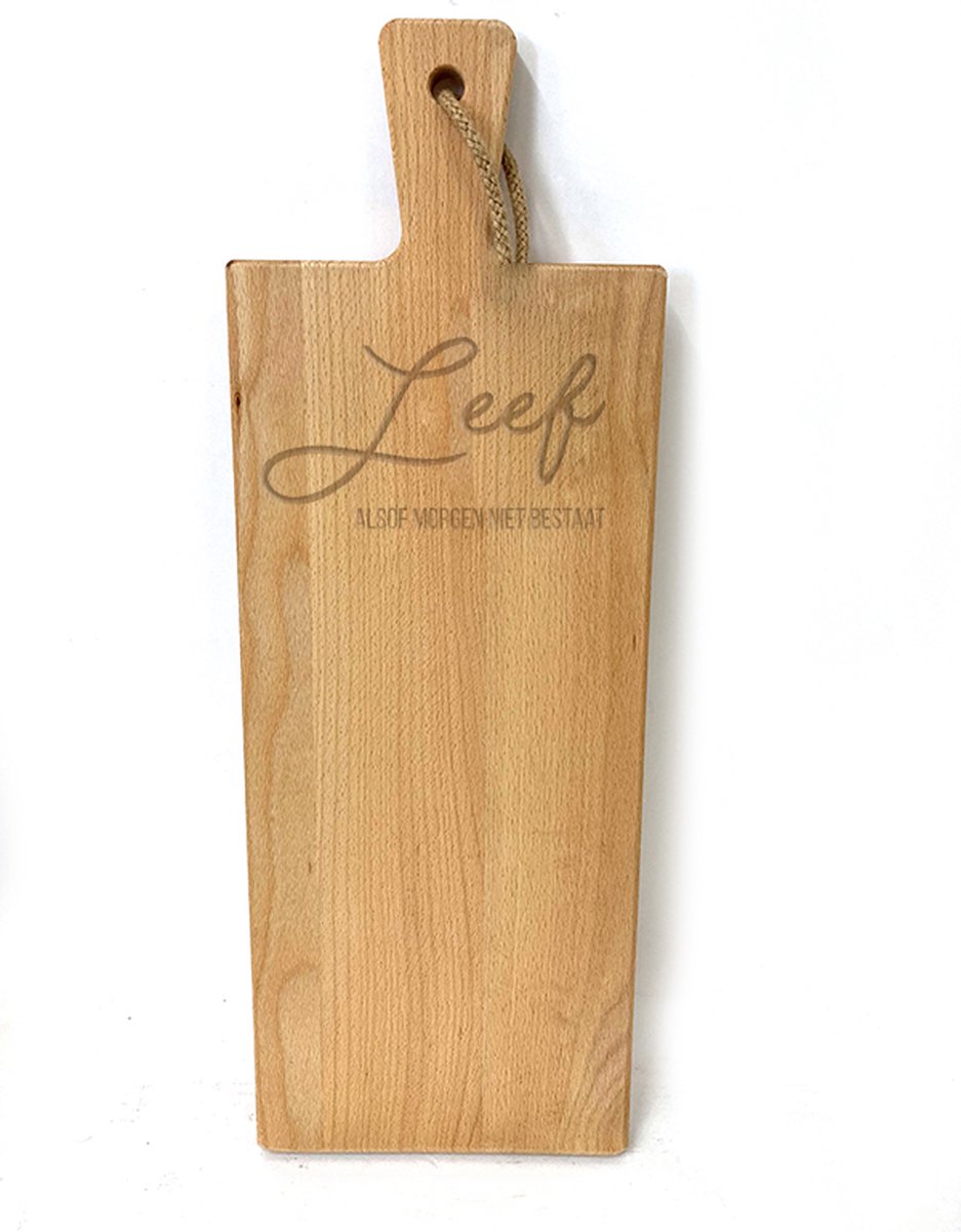 Grote borrelplank / snijplank met tekst gravure QUOTE: LEEF ALSOF MORGEN NIET BESTAAT. Cadeau-verjaardag-bedankje. Het formaat is 20x56cm