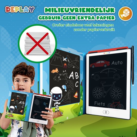 Jongen met DEPLAY tekentablet. Afgebeelde tekeningen: auto's, fietsen, dieren, robot en ABC.