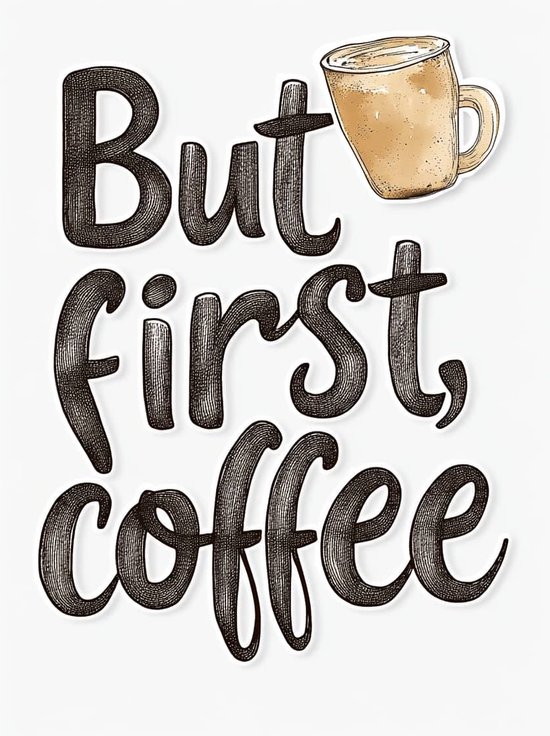 Affiche avec le texte 'Mais d'abord, du café' et une tasse de café.