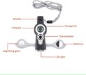 Zwarte survival fluit met kompas, vergrootglas, spiegel, thermometer, LED-licht en opbergvak.