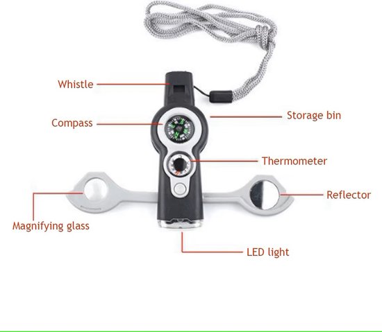 Zwarte survival fluit met kompas, vergrootglas, spiegel, thermometer, LED-licht en opbergvak.