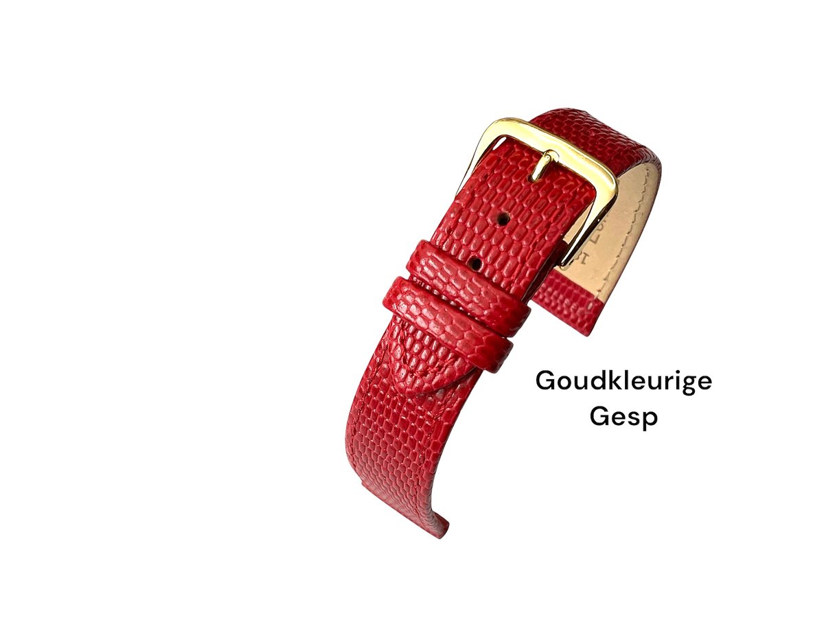Horlogeband-horlogebandje-10mm-rood -croco-lizard print-echt leer-plat-goudkleurige gesp-leer-10 mm