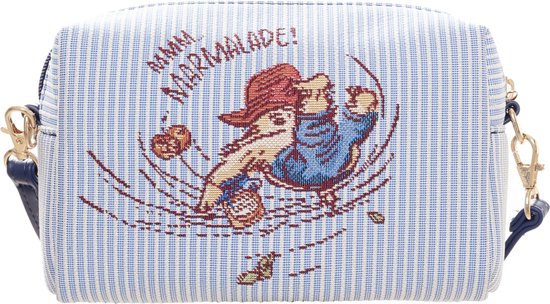 Lichtblauw gestreepte tas met een afbeelding van Paddington Beer die marmelade eet. Tekst "Mmm Marmalade!"