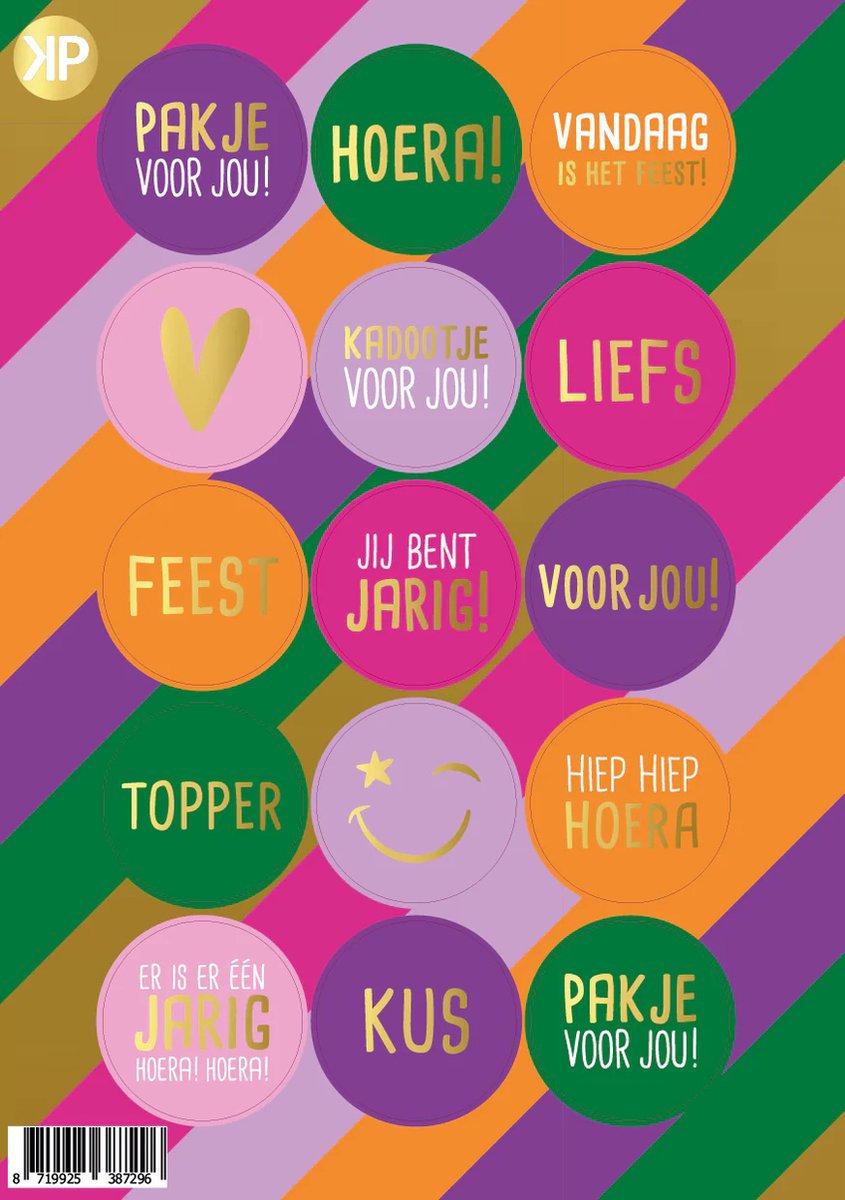 Sticker- sluitsticker - Stickervel - 15 stickers - goudfolie - feest - pakje voor jou - hoera - smiley - trakteren - verjaardag - funky color