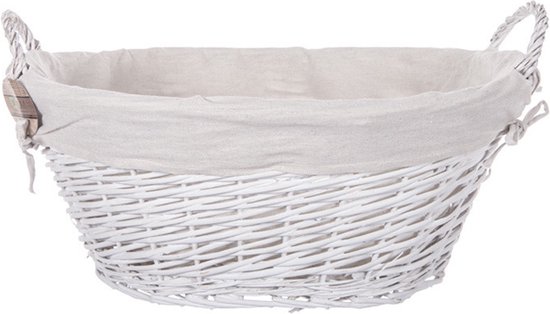 Panier blanc en osier tressé avec doublure en tissu et deux poignées. Dimensions 58 x 45 x 25 cm.