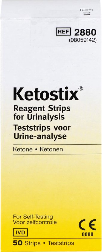 Doosje Ketostix reagent strips for urinalysis, 50 strips.