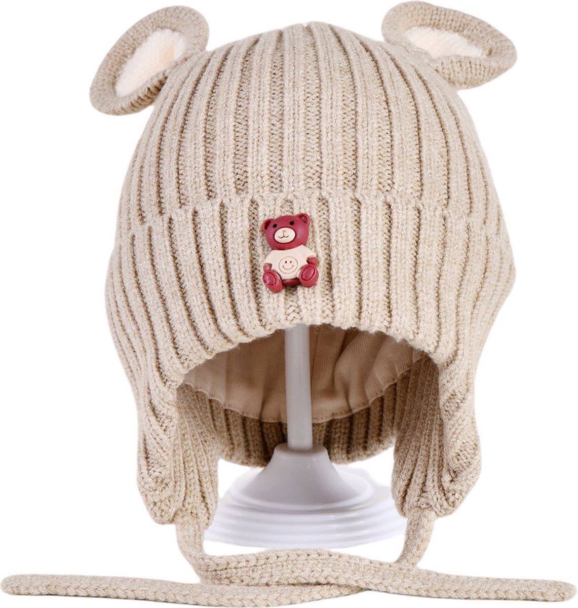 Decopatent - Muts Kind - Kinder muts met Beren Oren - Teddy Bear - 6 Maanden t/m 6 jaar - Maat 48/52 - Kindermutsen Jongens & Meisjes - Gebreide Muts met Binnenvoering - Muts Baby / Peuter / Kleuter - Wintermuts - Kleur: Beige