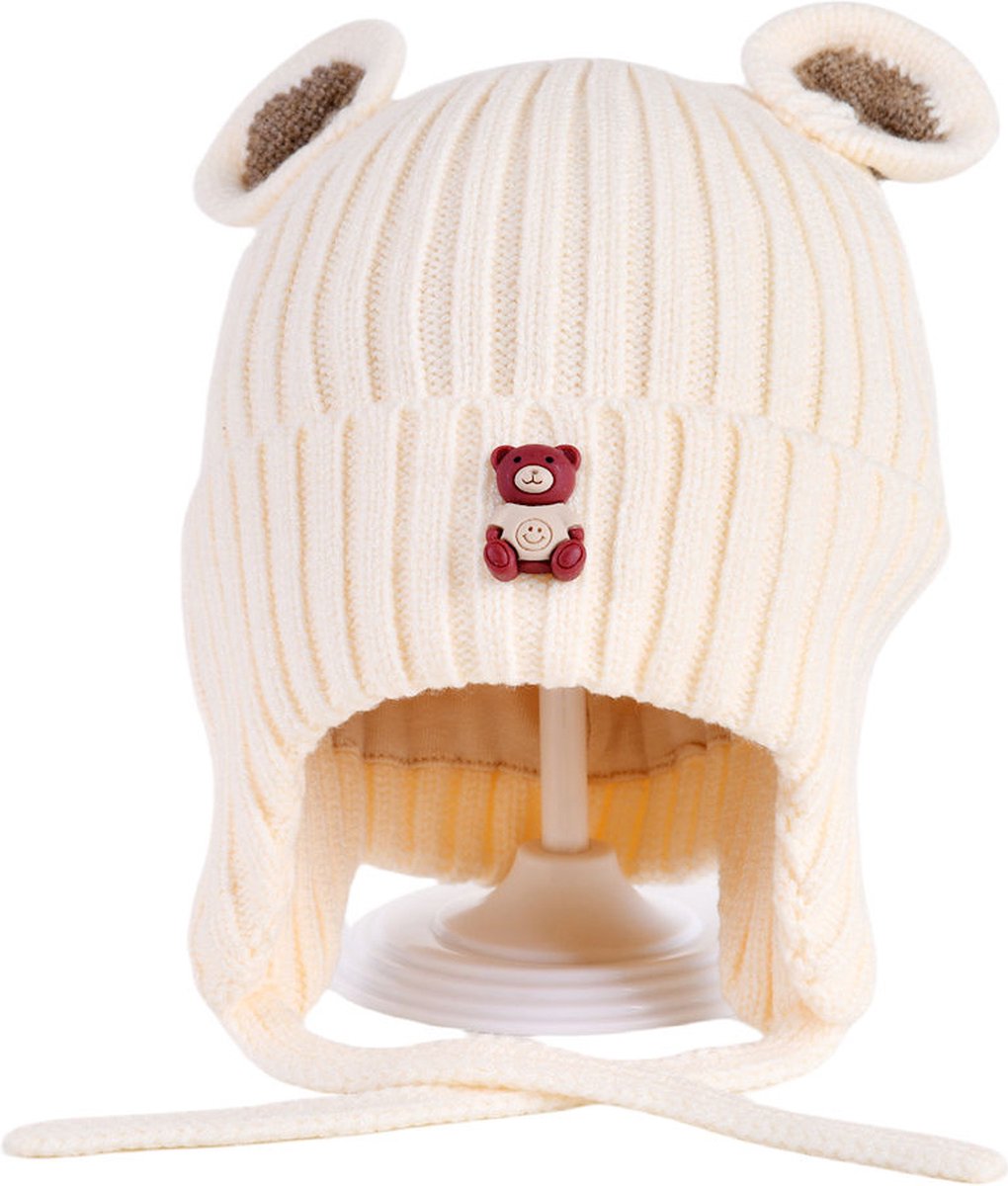 Decopatent - Muts Kind - Kinder muts met Beren Oren - Teddy Bear - 6 Maanden t/m 6 jaar - Maat 48/52 - Kindermutsen Jongens & Meisjes - Gebreide Muts met Binnenvoering - Muts Baby / Peuter / Kleuter - Wintermuts - Kleur: Wit