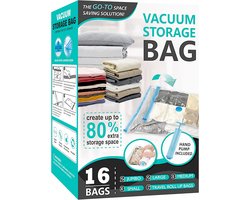 LitaLife - Vacuumzakken – Bespaar 80% Ruimte | 16 pack | Herbruikbare Vacuum zakken voor Kleding, Dekbedden, Beddengoed & Reisbagage | Luchtdichte & Waterdichte Compressiezakken met Handpomp