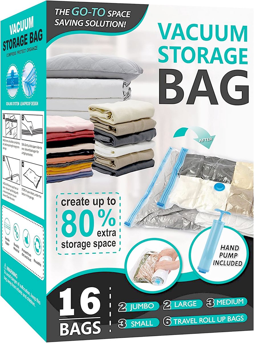 LitaLife - Vacuumzakken – Bespaar 80% Ruimte | 16 pack | Herbruikbare Vacuum zakken voor Kleding, Dekbedden, Beddengoed & Reisbagage | Luchtdichte & Waterdichte Compressiezakken met Handpomp