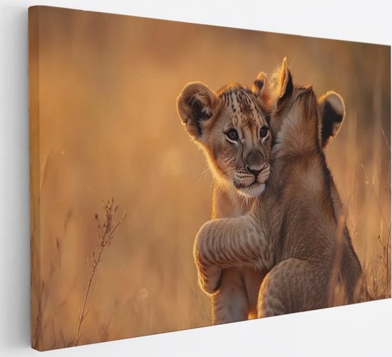 Saammp Canvas Schilderij - Leeuwenwelpen - Dieren - Natuur - 50x40 - Foto op canvas - Wanddecoratie - Muurdecoratie Woonkamer - Slaapkamer decoratie - Canvas Print
