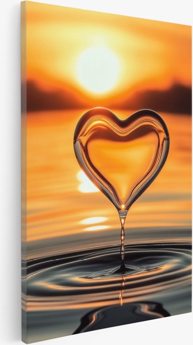 Saammp Canvas Schilderij - Waterdruppel in vorm van Hart - Landschap - Natuur - 100x150 - Foto op canvas - Wanddecoratie - Muurdecoratie Woonkamer - Slaapkamer decoratie - Canvas Print Multicolor
