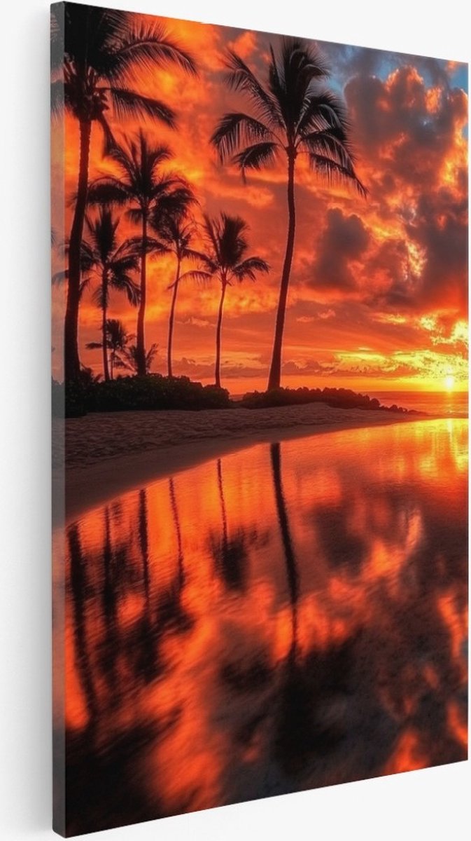 Saammp Canvas Schilderij - Tropisch strand - Zee met zonsondergang - Palmbomen - 60x90 - Foto op canvas - Wanddecoratie - muurdecoratie Woonkamer - Slaapkamer decoratie - Canvas Print Multicolor
