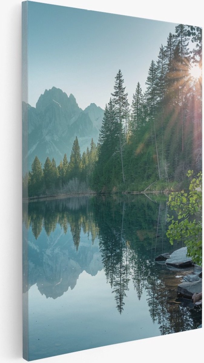 Saammp Canvas Schilderij - Bergen - Zon - Meer - botanisch - Landschap - Natuur - 80x120 - Foto op canvas - Wanddecoratie - Muurdecoratie Woonkamer - Slaapkamer decoratie - Canvas Print Multicolor