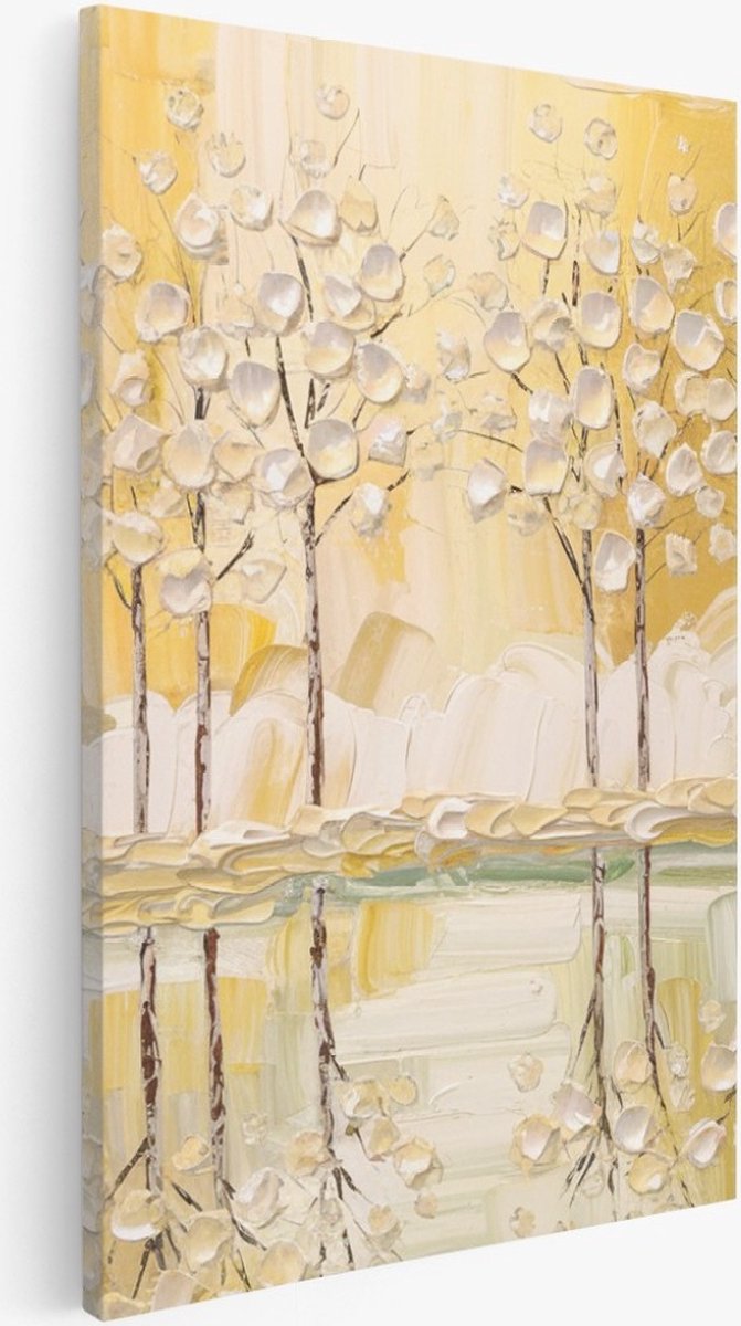 Saammp Canvas Schilderij - Abstract bos - Goud - Wit - Landschap - Natuur - 80x120 - Foto op canvas - Wanddecoratie - Muurdecoratie Woonkamer - Slaapkamer decoratie - Canvas Print Multicolor