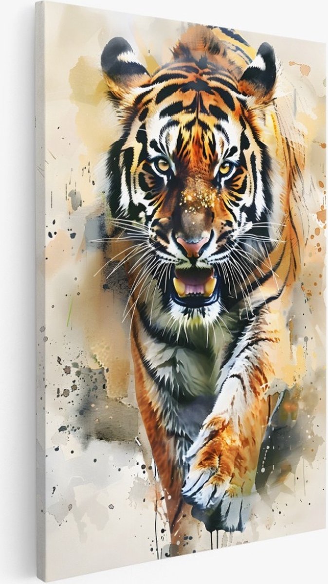 Saammp Canvas Schilderij - Tijger - Kleurrijk olieverf - Abstract - Dieren - 60x90 - Foto op canvas - Wanddecoratie - Muurdecoratie Woonkamer - Slaapkamer decoratie - Canvas Print Multicolor