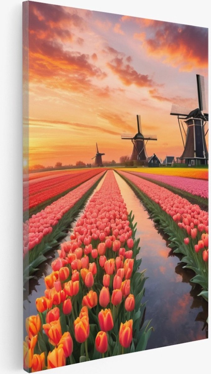 Saammp Canvas Schilderij - Landschap - bloemenveld met molens en een zonsondergang - Natuur - 60x90 - Foto op canvas - Wanddecoratie - Muurdecoratie Woonkamer - Slaapkamer decoratie - Canvas Print Multicolor