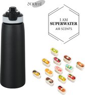 I am Superwater air fragrances - Bouteille d'eau parfumée - Bouteille d'eau Geur Air - Comprend 7 dosettes et une brosse - Zwart - 600 ml - Acier inoxydable - Bouteille en acier/métal - Sans BPA - Kit de démarrage Up