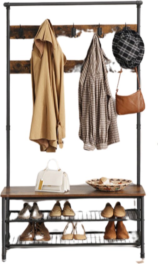 Entryway kapstok met schoenenbank en opbergplank, hal boom met haken, zacht kussen en ophangstang, metalen frame voor woonkamer, hal, slaapkamer, zwart, 80 x 33 x 172 cm