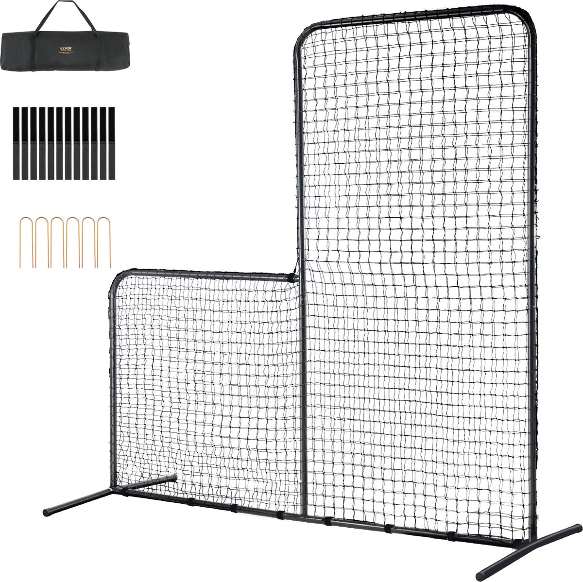 VEVOR L-type Honkbal voor Slagkooi, 84" x 38" x 84" Veiligheidsparaplu voor Honkbal en Softbal, Draagbaar Slagnet met Draagtas en Grondpalen, Pitchingnet om Werpers te Beschermen, Zwart
